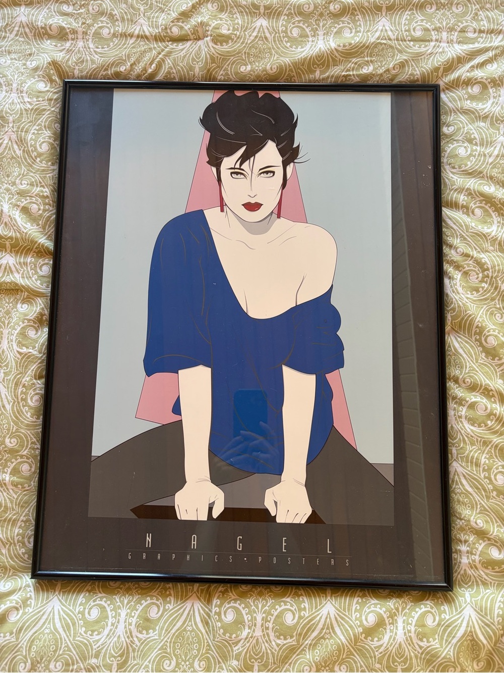 Patrick Nagel blue sweater glass framed art vintage